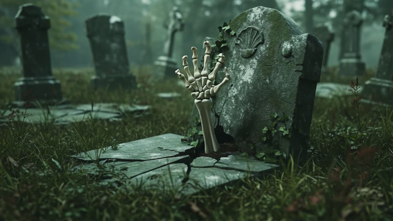 An eerie graveyard scene featuring a broken tombstone with a skeletal hand emerging from the ground, showcasing a haunting atmosphere filled with mist and shadows