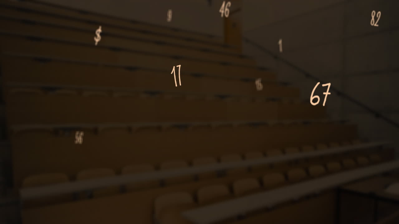 빈 학교 계단에 떠다니는 수학적 숫자와 기호의 디지털 구성