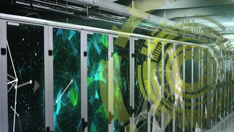 animation of loading circles over connected dots and globe over data server racks in server room
