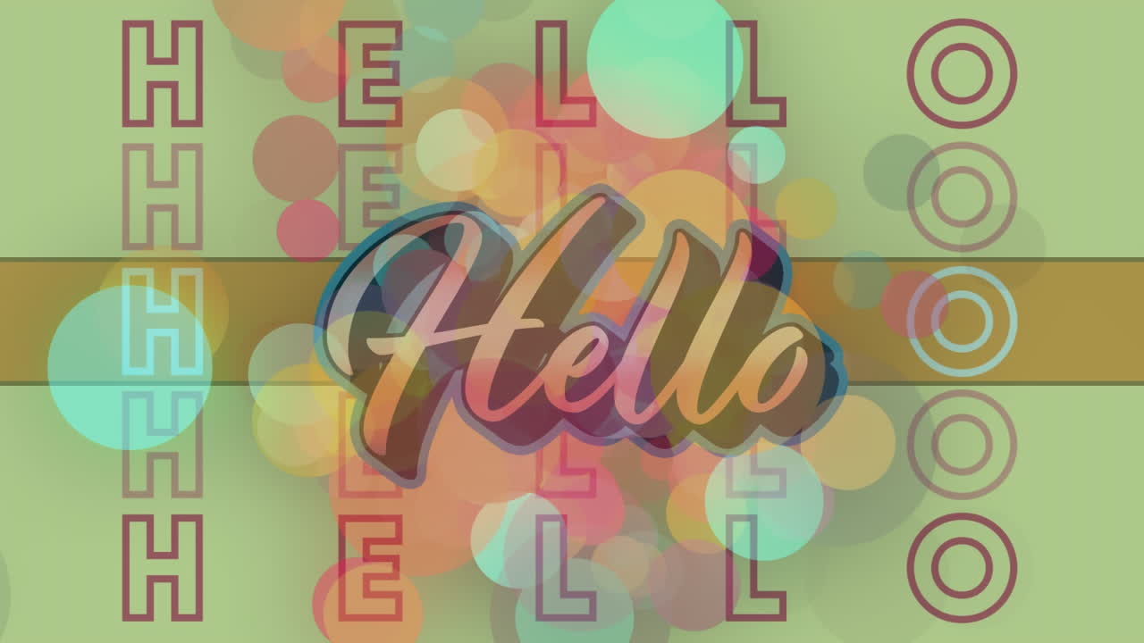 Animation of hello text over colourful spots pulsation in background