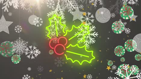 Animation-of-snowflakes-and-baubles-over-neon-mistletoe-icon-against-grey-background