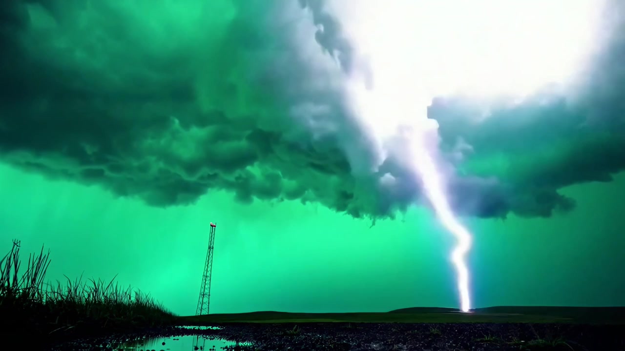 Time-lapse af intense lynnedslag i et tordenvejr med grøn himmel