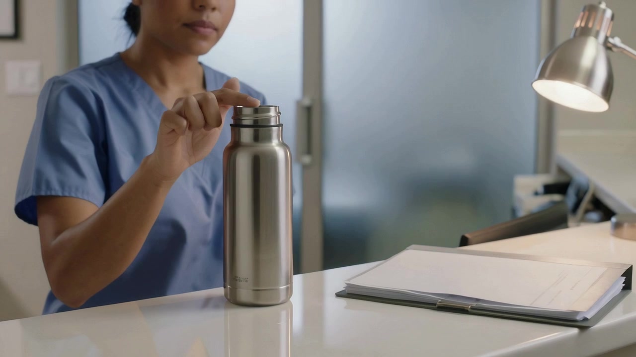 Receptionist in divisa blu che posiziona un thermos, controllando il tappo per ispezionare la chiusura sulla scrivania della clinica, con un blocco appunti.