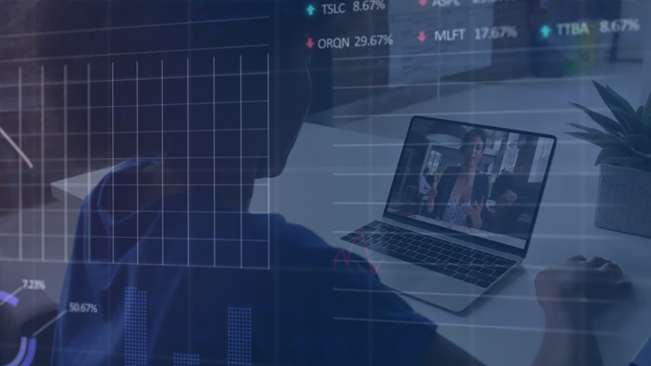 animazione dell'elaborazione dei dati finanziari su diverse persone d'affari in videochiamata