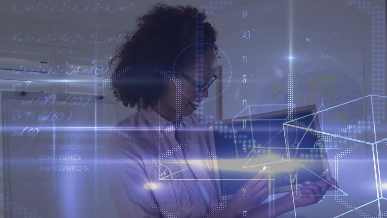 Animation of mathematical equations and shapes over african american teacher holding blackboard