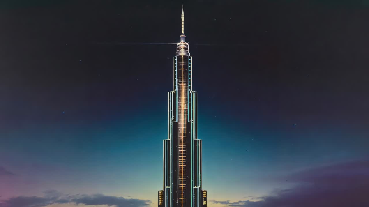 Afastando a câmera após foco em pináculo, revelando torre e horizonte ao entardecer, com contorno de LED