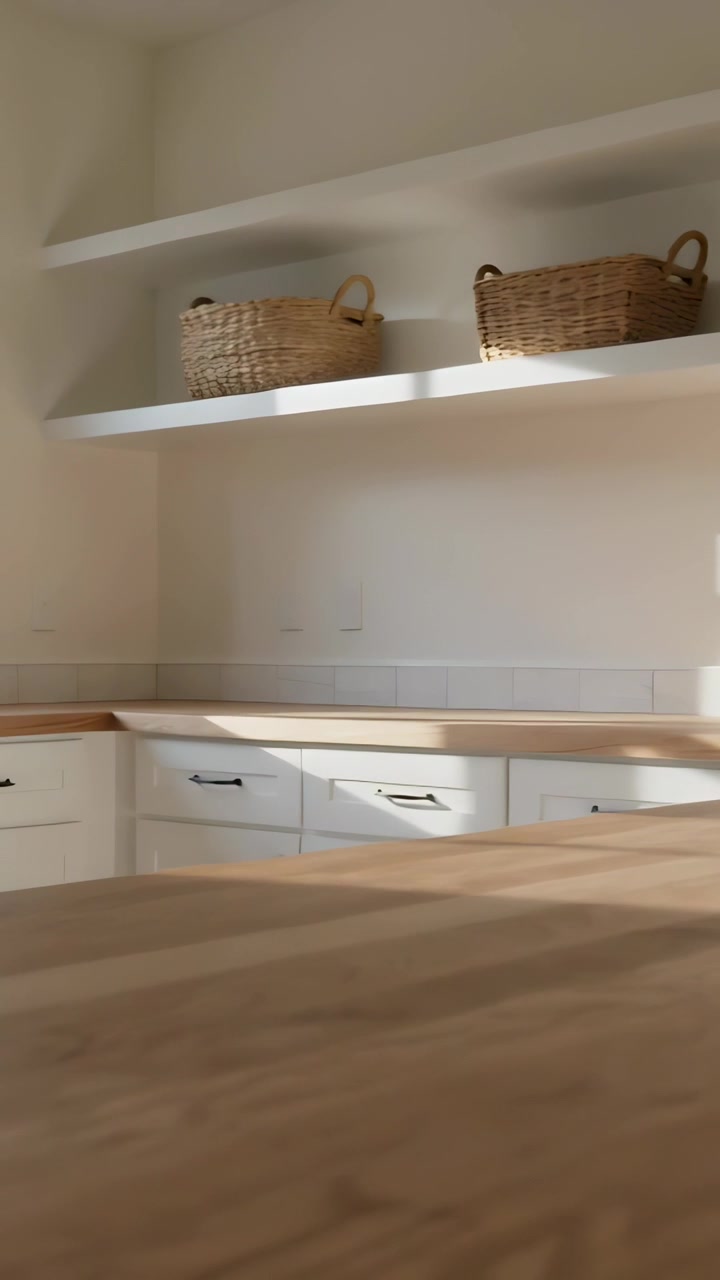 Video verticale: La telecamera si allontana rivelando un bancone in legno in cucina con cesti e luce solare.