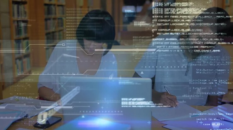 Animation of data processing over business people using tablet