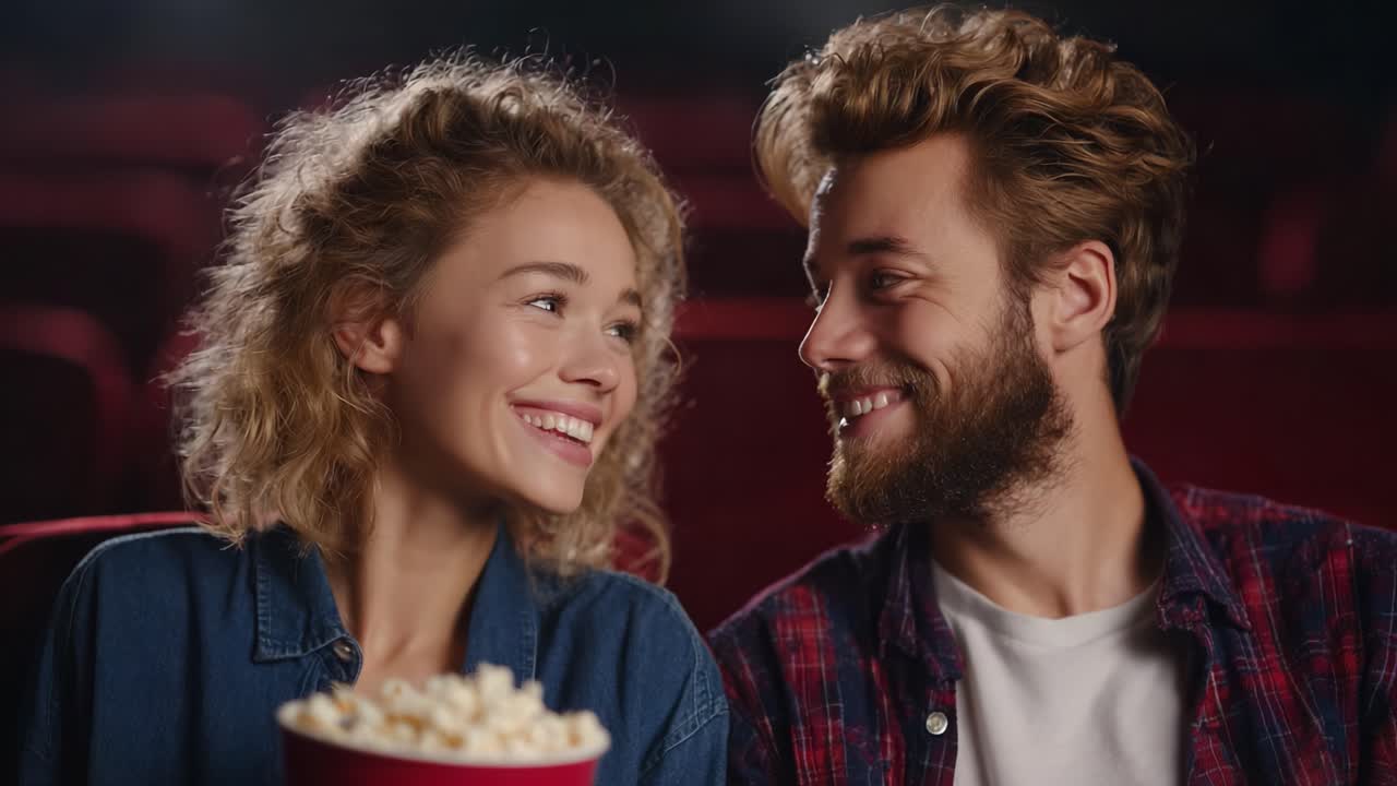 Moments de joie au cinéma : un couple passe un agréable moment ensemble avec du pop-corn en regardant un film dans une salle de cinéma charmante
