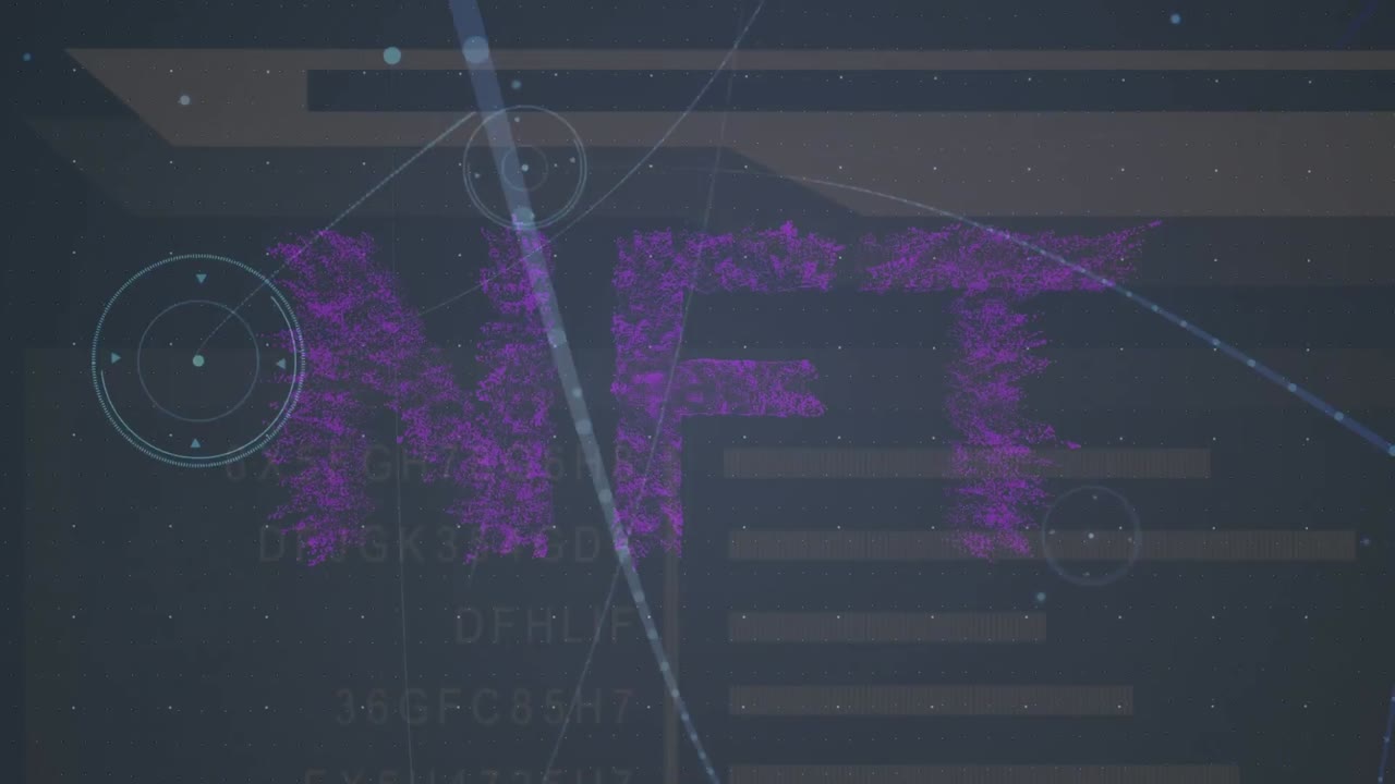 Animation of nft text over data processing and network of connections