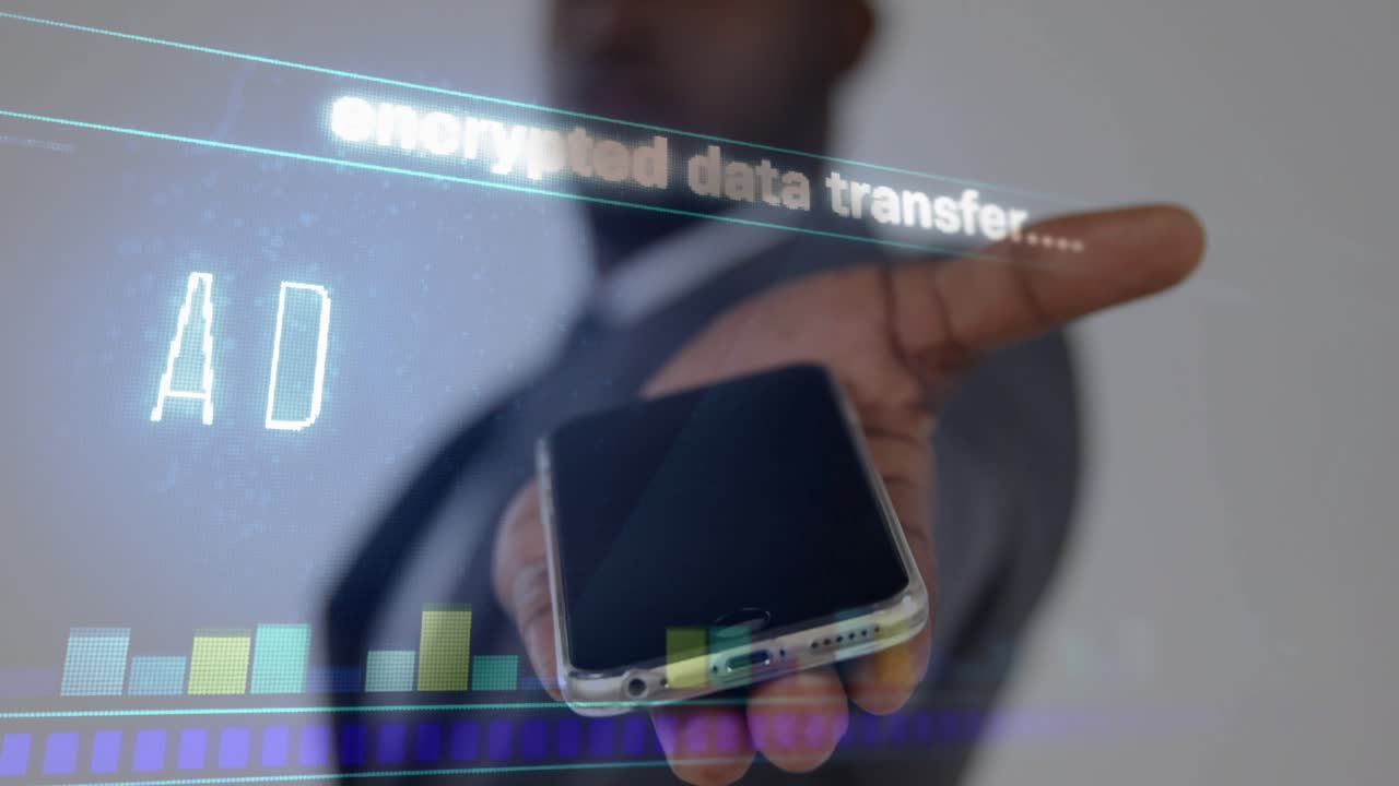 IT administrator extending smartphone palm and showcasing ADMINISTRATOR hologram, flickering bars