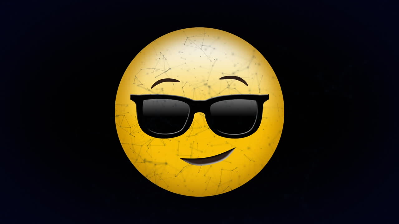Digital animation af et netværk af forbindelser over et ansigt med solbrille-emoji på sort baggrund