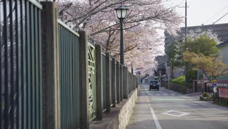 japanese neighborhood in spring, road and iron fence in otsu, shiga japan