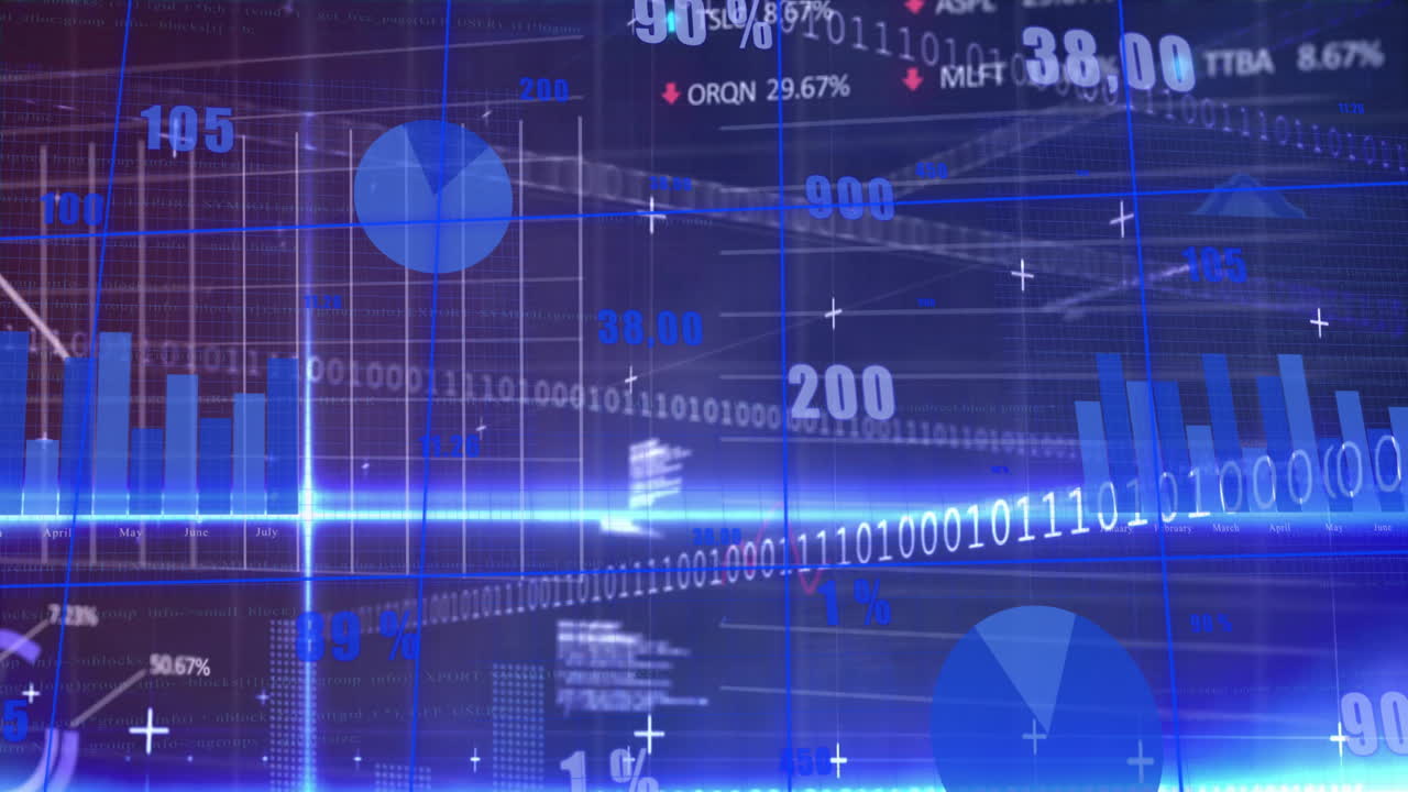 어두운 배경에서 그리드 상에서 금융 데이터 처리의 애니메이션