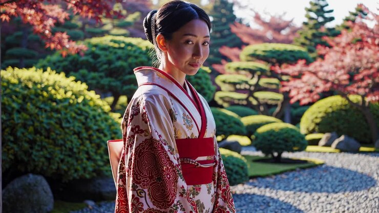 Una donna in kimono tradizionale si trova in un giardino giapponese. Il video la riprende di lato.