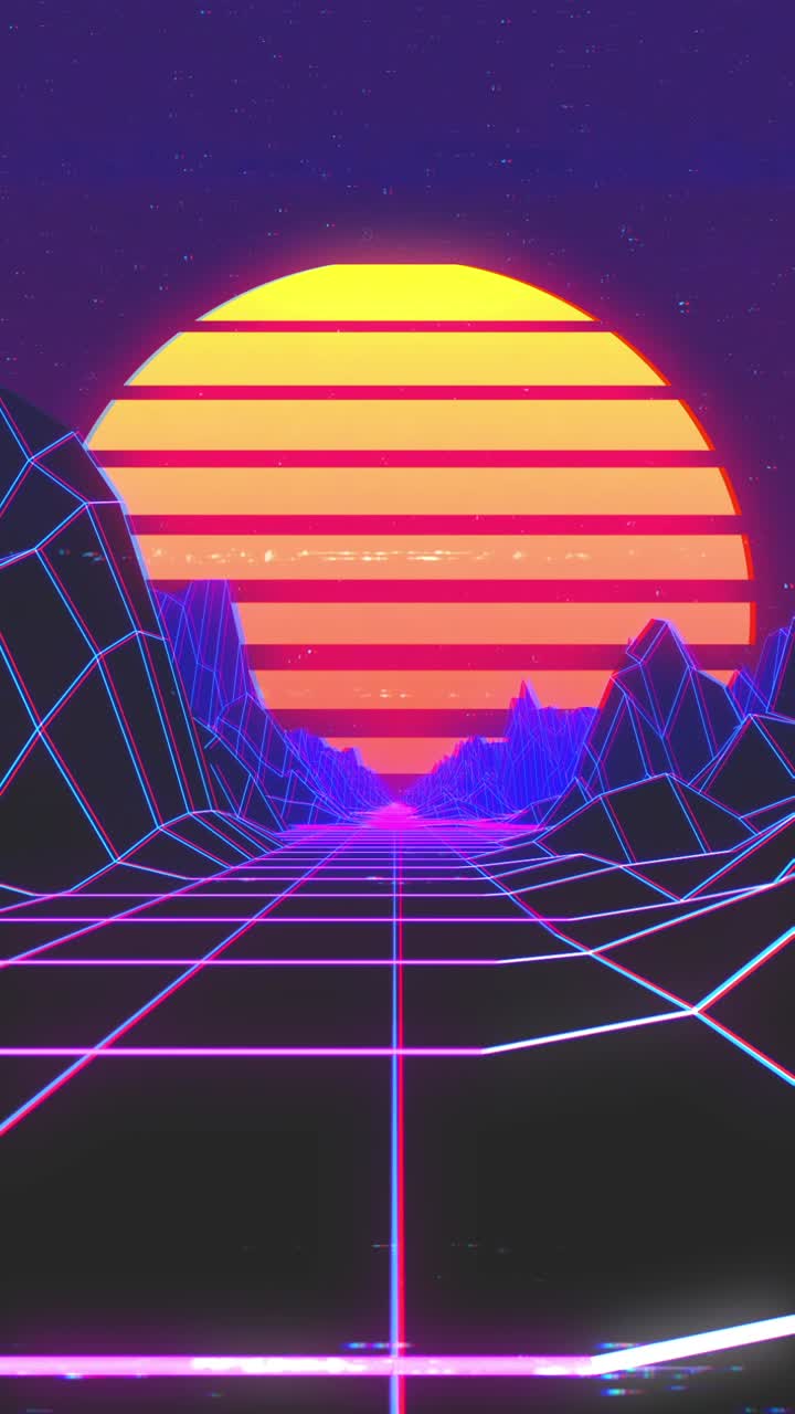Paesaggio retrowave synthwave con griglia neon e montagne wireframe