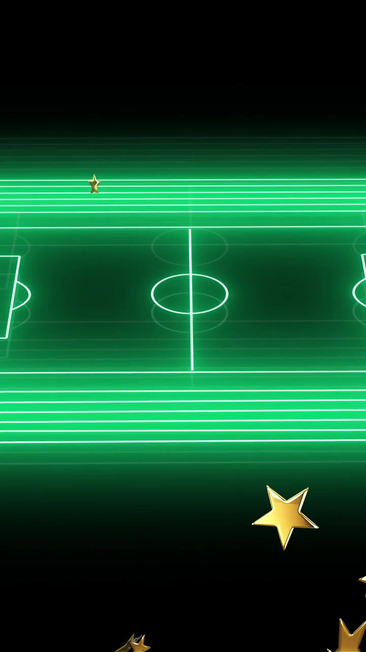 Animation of glowing green soccer field with stars on black background