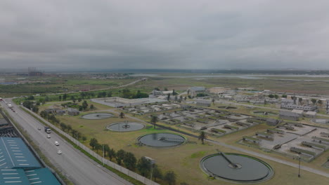 Aerial-panoramic-footage-of-Wastewater-treatment-plant-with-various-technological-tanks.-Port-Elisabeth,-South-Africa