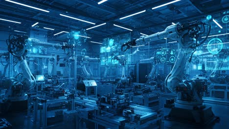 Exploring Automation: A Futuristic Industrial Scene Featuring Advanced Robotic Arms and Digital Interfaces in a High-Tech Manufacturing Environment