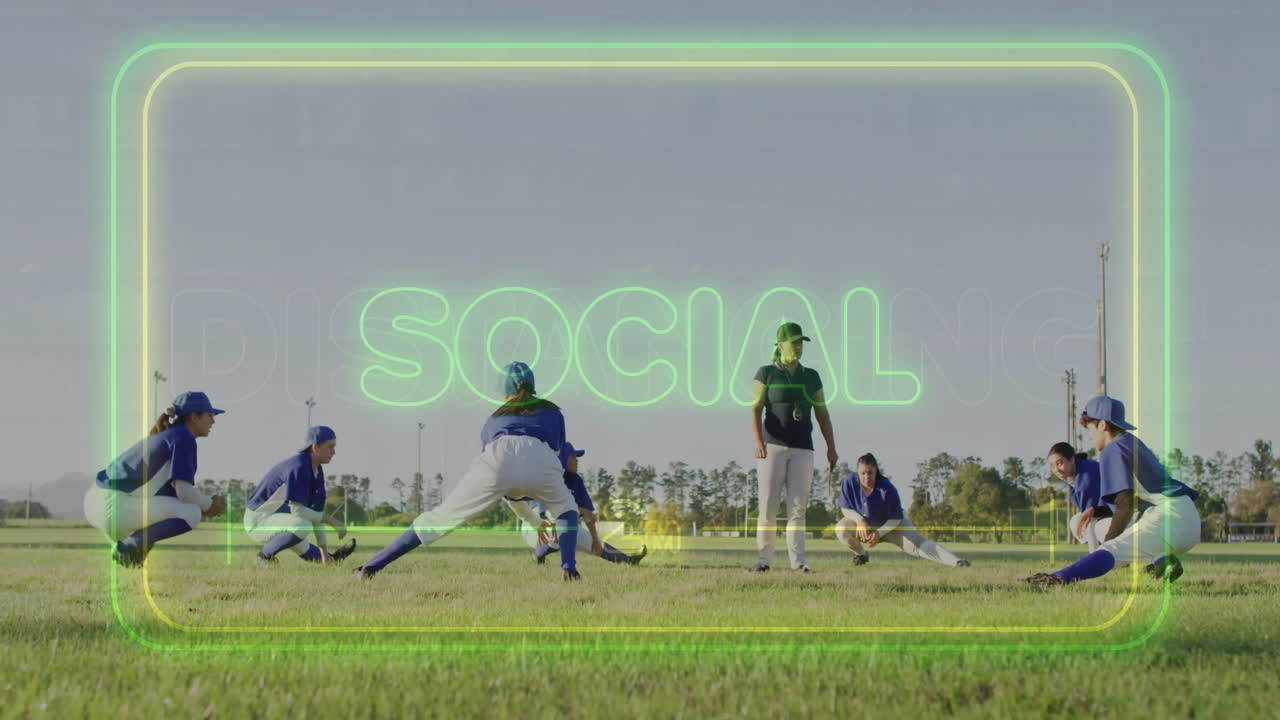 Baseball players stretching on field with SOCIAL text animation overlay