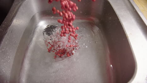 slow motion, foraged rowan berries are poured into water to be washed