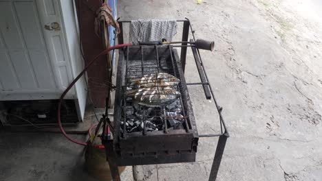 pescado a la parrilla en una barbacoa rústica en el lago toba, sumatra, con una mano a la vista