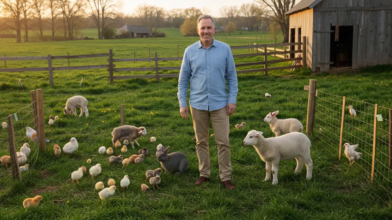 A Farmer Surrounded by Adorable Animals: A Serene Evening on the Farm with Sheep, Chicks, and Rabbits Roaming Freely in the Pastoral Landscape