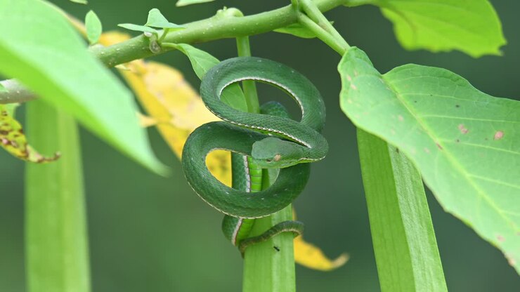 A black Ant tries to go up while this snake is chilling as it waits for its prey
