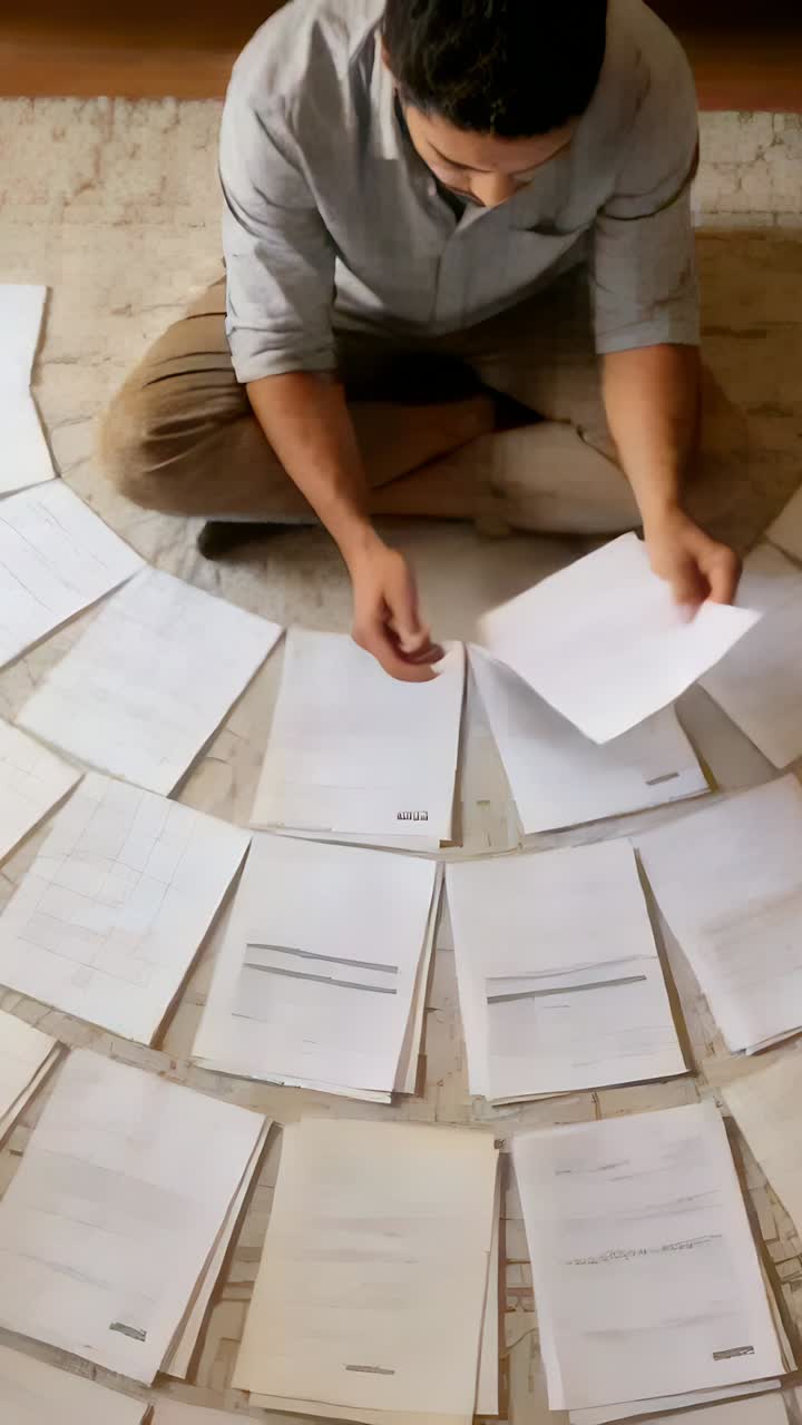 Vertical video: Scanning spread pages, man in gray shirt flipping pages into piles on rug