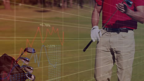 animación del procesamiento de datos digitales sobre un jugador de golf caucásico en un campo de golf