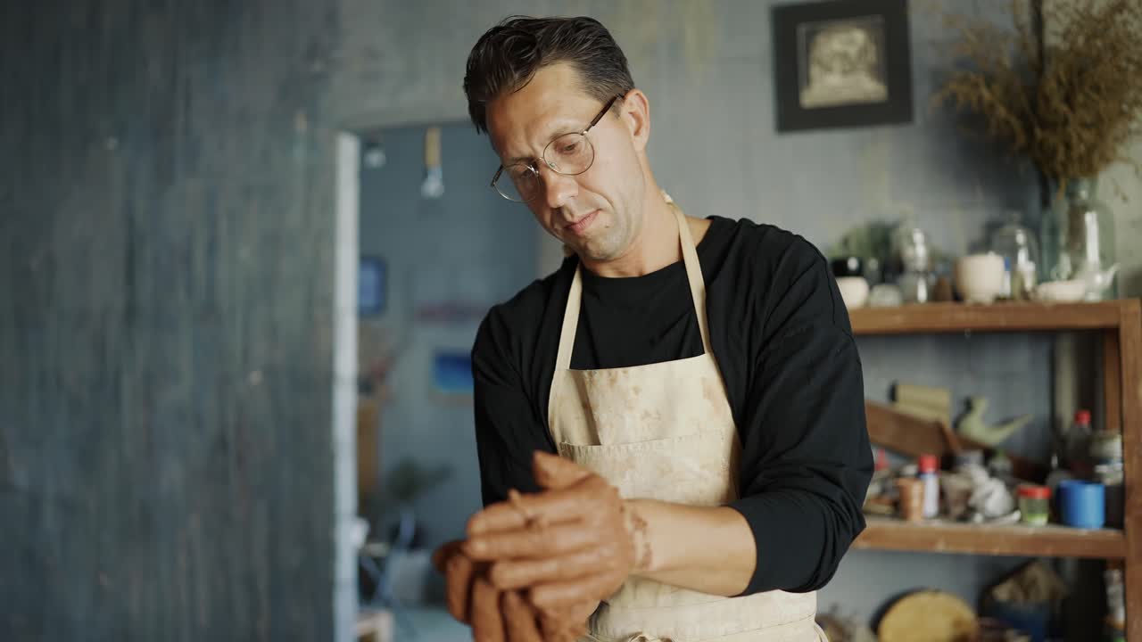 un joven alfarero feliz con gafas y un delantal está arrugando un pedazo de arcilla en su estudio. concepto de arte tradicional