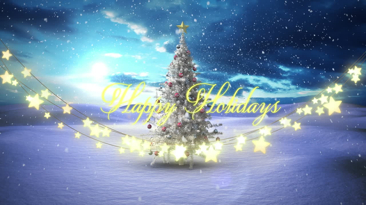 행복한 휴일에 눈이 떨어지는 애니메이션 요정 조명과 크리스마스 트리 위의 텍스트 배너