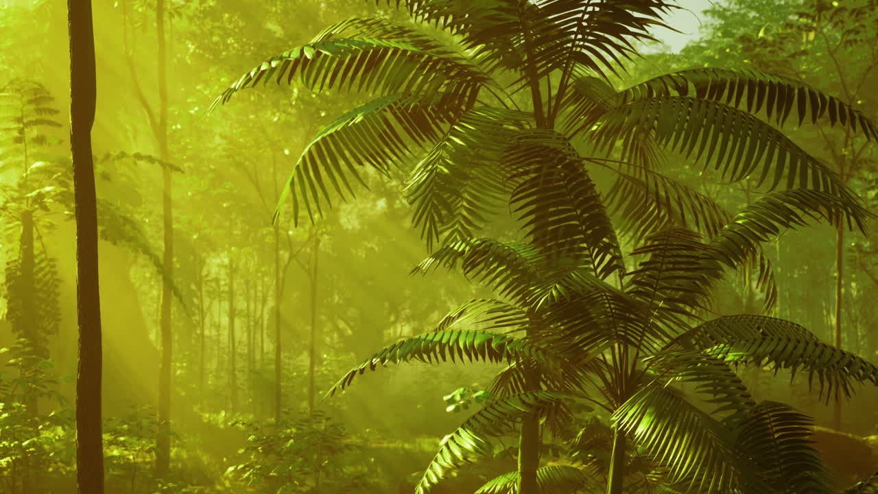 Fogliame verdeggiante e rigoglioso in una foresta serena, con una delicata luce dorata che filtra tra le fronde
