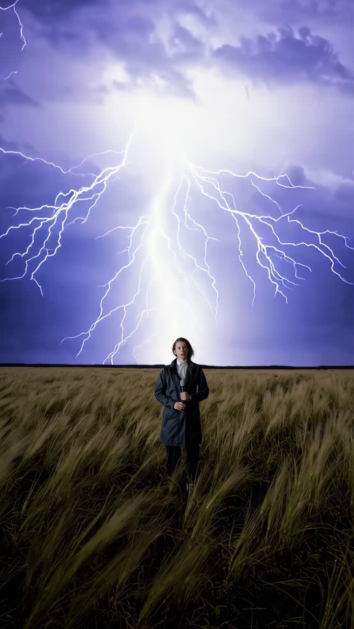 Reporter in a Field During a Thunderstorm