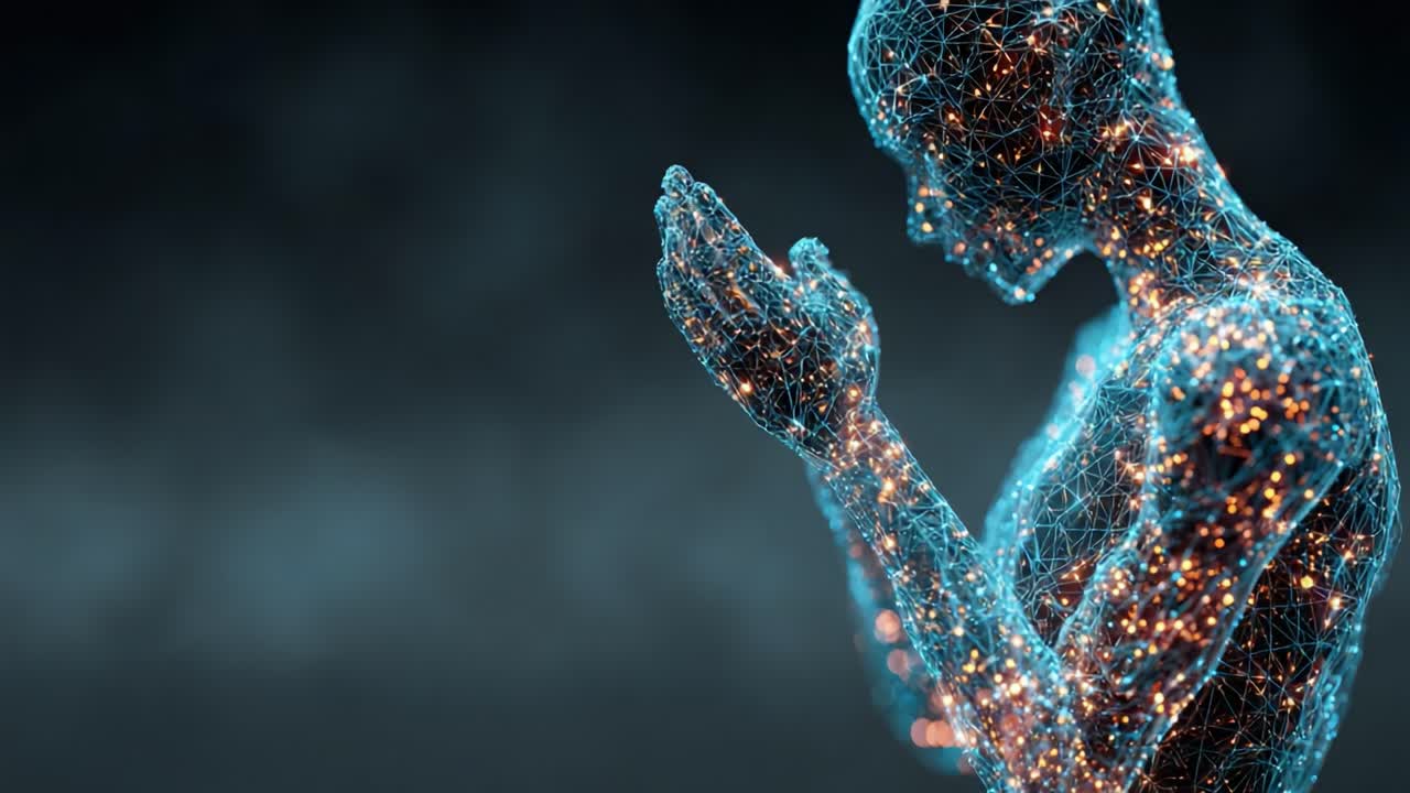 A Digital Representation of a Human Figure Engaged in a Contemplative Pose, Emphasizing Connection through a Web of Glowing Nodes Reflecting Life and Energy