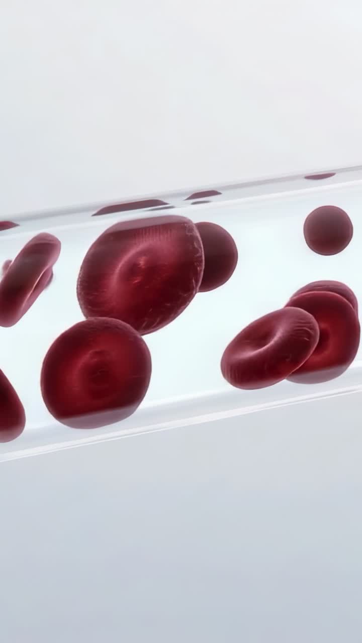 Vertical video: Flowing red blood cells tumbling and rotating inside clear tube, with highlights