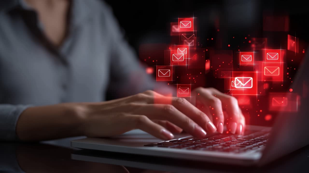 Un individuo impegnato nella comunicazione digitale, che digita sulla tastiera di un laptop con notifiche e-mail animate che appaiono in un accattivante effetto visivo rosso.