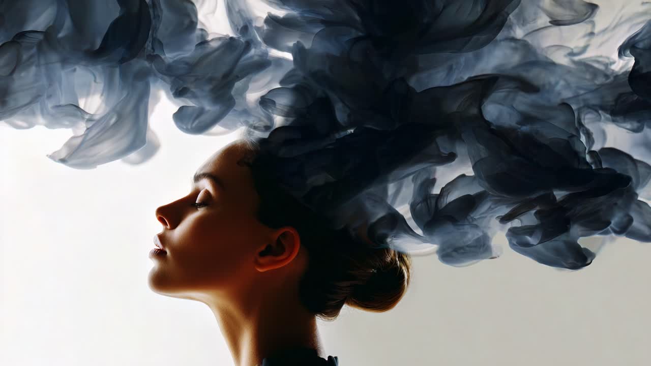 A captivating exploration of the interplay between human emotion and surreal imagery, featuring a woman silhouetted against a backdrop of swirling dark clouds representing thoughts and creativity