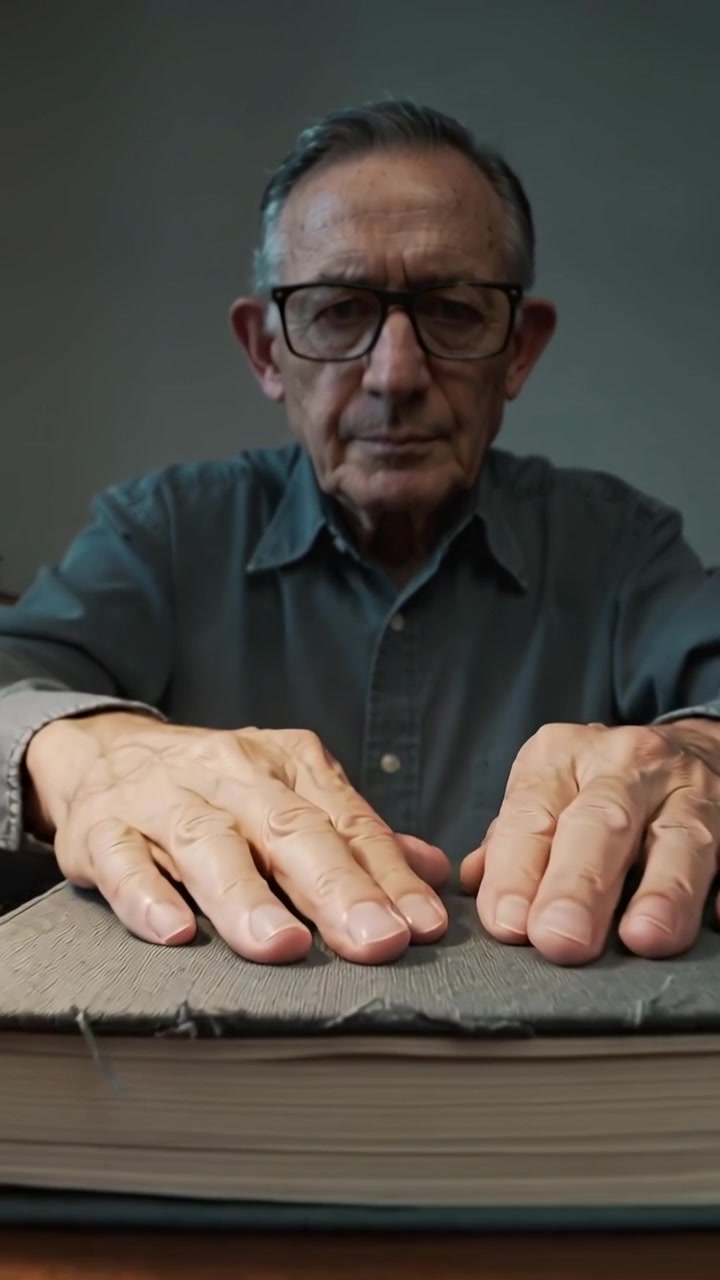 Vídeo vertical: Idoso de óculos e camisa de botão se inclina, alisando um livro puído sobre uma mesa de madeira.