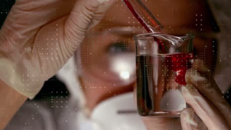 Animation-of-data-processing-over-scientist-pouring-liquid-into-beaker