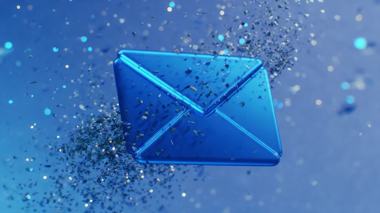 A dazzling blue email envelope icon glimmers amidst a captivating burst of shimmering particles, embodying the essence of digital communication and technological innovation