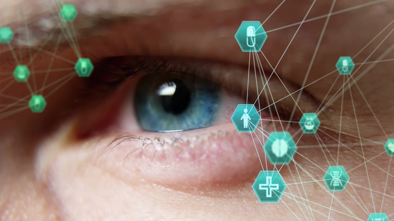 Opening eye, male subject performing health scanning with teal hexagon icons assembling around iris