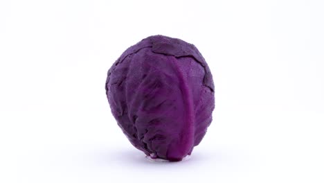 one whole mini purple cabbage is rotating on the turntable. water drops appears on the skin during rotation. isolated on the white background. close-up. macro.