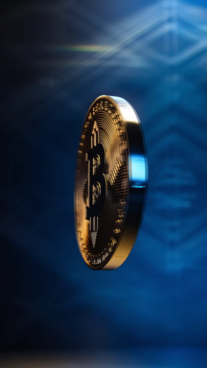 Animazione rotante di Bitcoin dorato su sfondo scuro, criptovaluta cinematografica 4K.