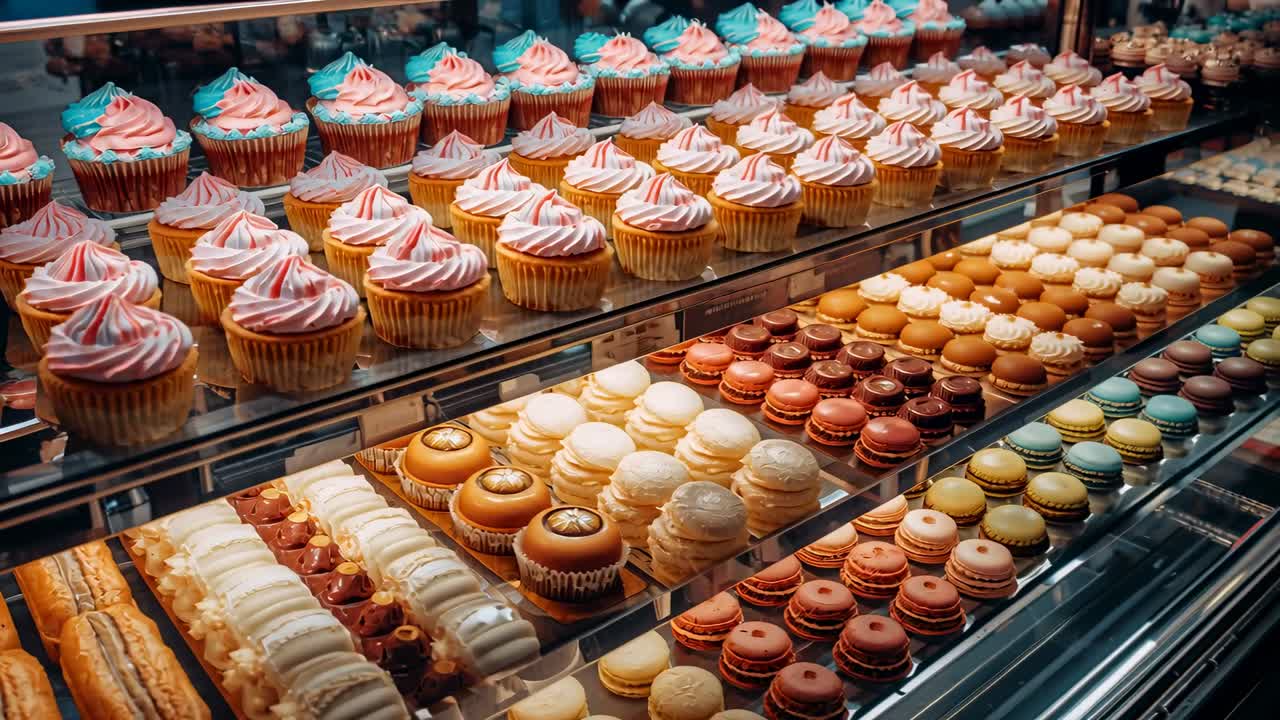 Mostrando un expositor de pasteles de cristal en el mostrador de una pastelería, una mano de cliente se extiende seleccionando un macaron de color pastel.