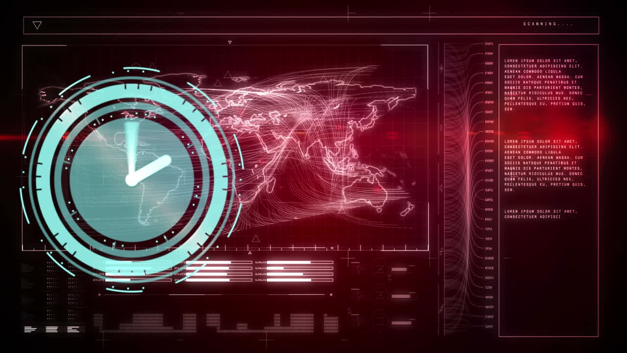 Animation of clock and statistics processing on dark background
