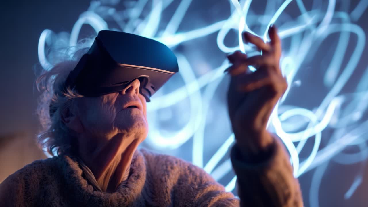 An elderly individual deeply immersed in a captivating virtual reality experience, showcasing the blend of technology and imagination as vibrant light patterns dance in the background, symbolizing innovation