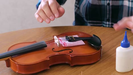 close-up hands of young man in plaid shirt is repairing a violin sitting at the table.