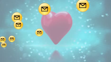 animation of multiple envelope icons and heart on blue background