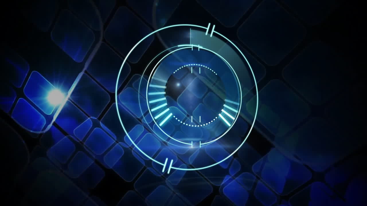 HUD in design piatto che brilla su una griglia scura, mostrando anelli concentrici, barre segmentate e bagliore dell'obiettivo.